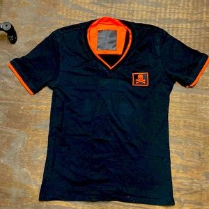 Philipp Plein V neck t-shirt day-go orange and black skull patch med-lg